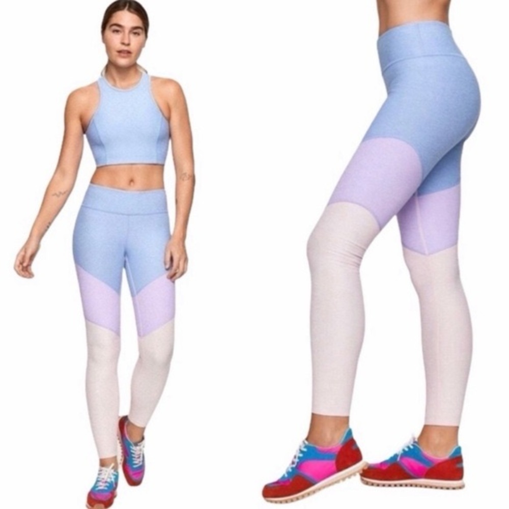 Outdoor Voices springs colorblock leggings in salmon, lavender and periwinkle